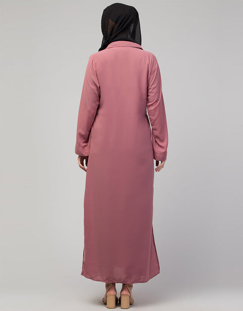 Muslim Abaya with coat collar and self-fabric buttons In the Shade of Mauve Pink